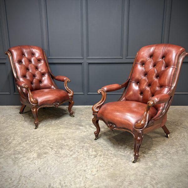 Pair of Victorian Buttoned Leather Library Chairs