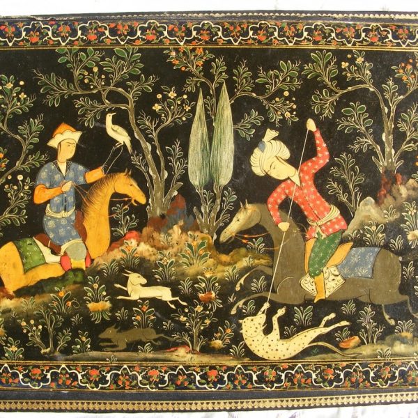 SOLD: Beautiful Persian lacquer hunting scene panel / book cover c1890 Shiraz school revival