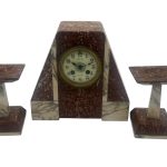 Fabulous French Art Deco red &amp; white Marble Mantel Clock Set – ca1920