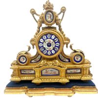 Gilt Spelter Coalport Blue Sevres Mantel Clock – Cherub and Floral Design Panels