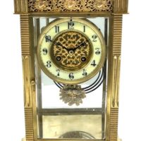 Antique French Gong Striking 8-Day Mantel Clock &#8211; 4 glass regulator style desk clock C1890 &#8211; Serviced May 2024