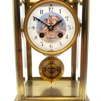 Interesting and Rare French Mantel Clock – 4 Glass Table clock with Elliott Pendulum and painted Father of Time Dial.