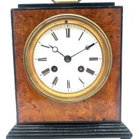 Quality Burr Walnut and Ebony Mantel Clock – Satinwood &amp; MOP inlay – 8-Day Mantle Clock – Circa 1900