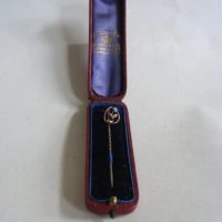 Exquisite Gold pearl &amp; Turquoise Tie or Hat Pin c1910 Original Box Retailed Henry Pidduck &amp; Son Chester?