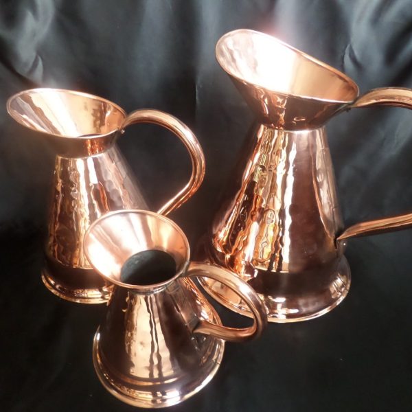 A 3 JUG SET of HAND BEATEN COPPER HARVESTER JUGS!  Mid Victorian Era c 1860&#8217;s