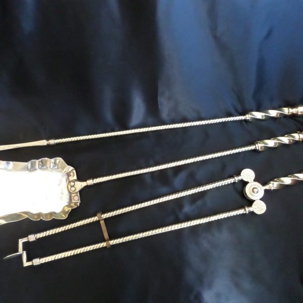 AFINE SET OF FIRESIDE TOOLS AND DOGS&#8211;SOLID BRASS TWISTED DESIGN 1880&#8217;s