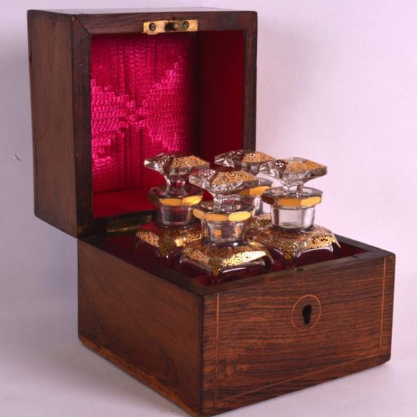 GOOD ANTIQUE ROSEWOOD MINIATURE PERFUME BOTTLES BOX