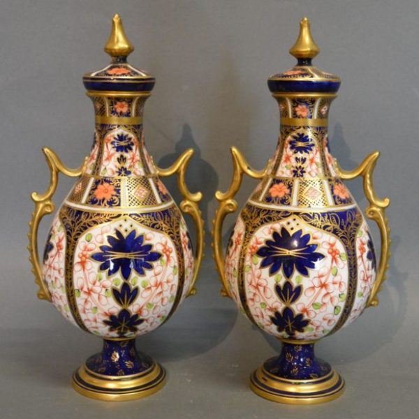 SOLD Pair Royal Crown Derby Porcelain Two Handled Covered Vases