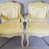 SOLD Pair 19th early 20th Century French Cream and Gilded Fauteuils,