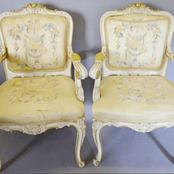 SOLD Pair 19th early 20th Century French Cream and Gilded Fauteuils,