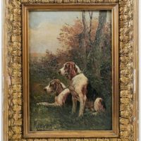 Oil painting of two dogs sitting down &#8211; Walter Reeves (1882 &#8211; 1900)