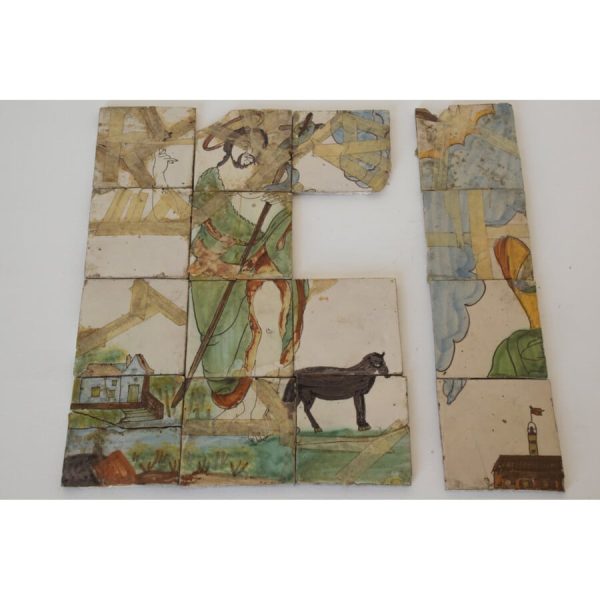 Antique Polychrome Tiles with Mural of Jesus