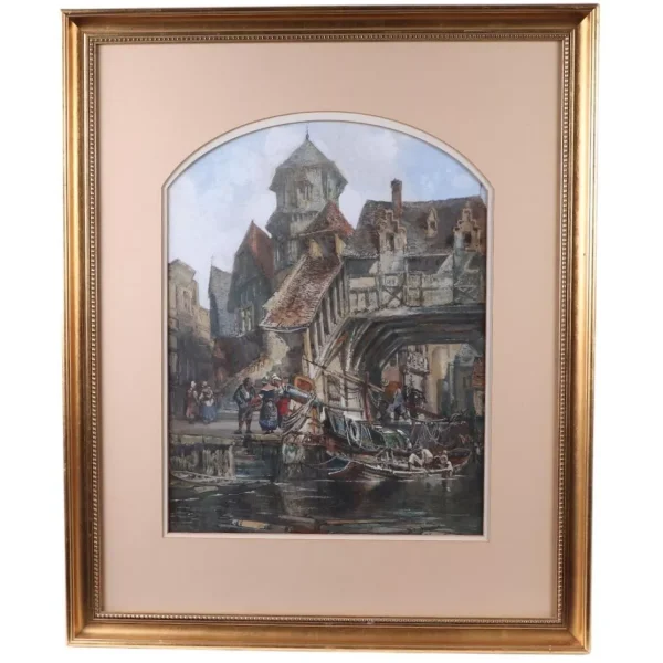 Henry Valter (fl 1854-1897) Dutch Harbour Scene Antique Watercolour