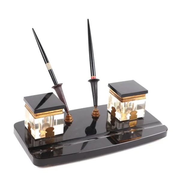 Art Deco Black Glass Desk Stand with Inkwells and Original Pens