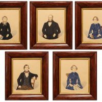 A Fine Set of Five Regency Watercolour Portraits in Rosewood Frames, Circa 1820
