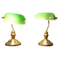 A Pair of Brass and Green Glass Banker’s Lamps