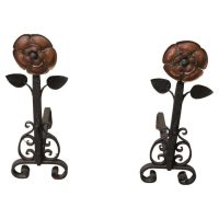 A Pair of Large Arts and Crafts Copper and Iron Andirons or Fire Dogs