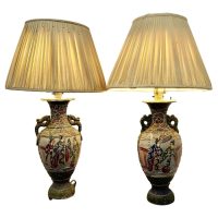 A Pair of Large Japanese Satsuma Lamps Japanese Moriage Satsuma