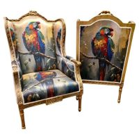 A Pair of Salon Chairs with Silk Parrot Design