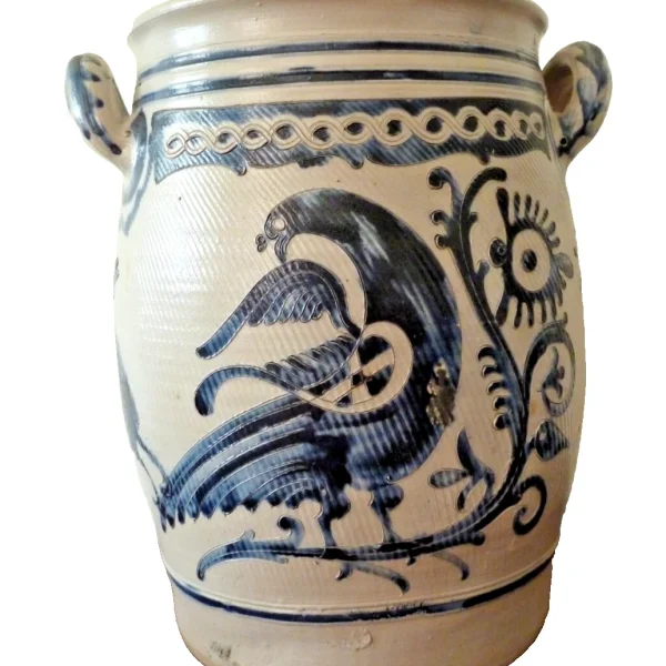 Large Antique 18th Century Westerwald Storage Jar Decorated with Bird and Deer