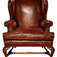 Antique 19th Century Hand-Coloured Leather Wing Armchair on Walnut Cabriole Legs