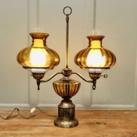 Antique Style Amber Oil Lamp, Twin Brass Table Lamp, This is a large piece