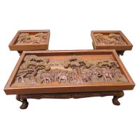 Art Deco Teak Coffee Table Set Carved with Elephants