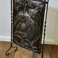 Arts and Crafts Peacock Design Polished Iron Fire Screen