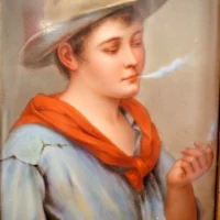Hermann Sontag German Porcelain Plaque of a Boy Smoking after Eugene von Blaas