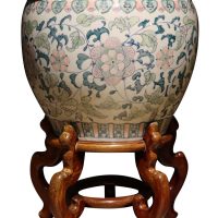 Chinese Decorative Porcelain Fish Bowl / Jardinière on Hardwood Stand, circa 1970