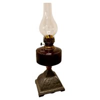Cranberry Glass Oil Lamp on Decorative Iron Base