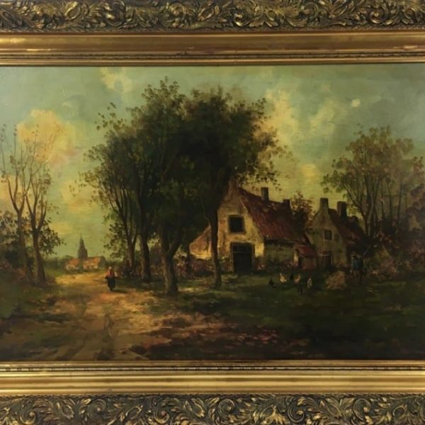 Barbizon School French Rural Farmyard Scene 19th Century Landscape Oil Painting On Panel