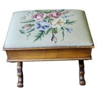 Early Victorian Sewing Box, X Frame Embroidered Foot Stool