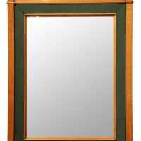 Edwardian Satinwood and Green Fabric Wall Mirror with Carved Cherub Crest, Circa 1910