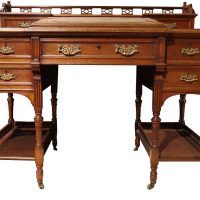 Edwardian Walnut Dickens Style Writing Desk with Leather Inset Top &amp; Gallery Back, c.1900