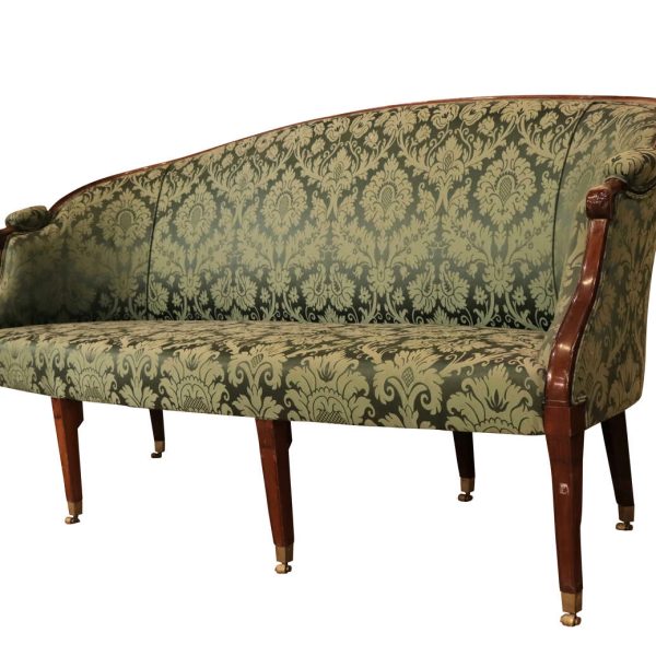 Elegant Geo III Mahogany Framed Salon Sofa in Green Damask Upholstery