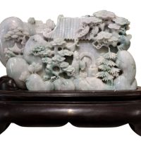 Exceptional Large Chinese Carved Jade Mountain Landscape Sculpture on Hardwood Stand