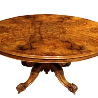 Exceptional Victorian Burr Walnut Oval Breakfast Table on Carved Quadrapod Base, c.1870