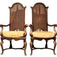 Fine Pair of William &amp; Mary Style Walnut High Back Caned Armchairs, c.1900