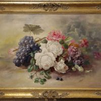 Fine Still Life of Flowers and Grapes, Oil on Canvas Signed C. B. Brough