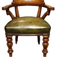 Fine Victorian Golden Oak Library Chair in Green Leather, c.1870