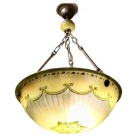 French Art Deco Decorated Glass Ceiling Light with Brass Rose