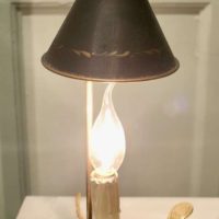 French Green and Gold Toleware and Brass Candle Lamp A lovely piece