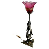French Iron and Toleware Lamp with Ruby and Gold Leaf Glass Shade