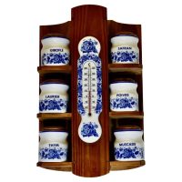 French Wall Hanging Blue and White Spice Jars with Thermometer
