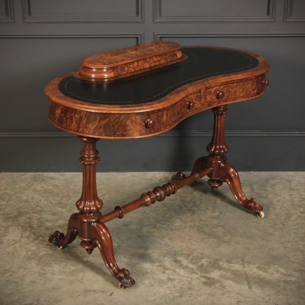 Marquetry Inlaid Burr Walnut Kidney Shaped Writing Table