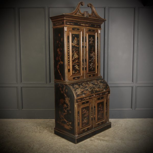 Early 19th Century Black Lacquered Chinoiserie Bureau Bookcase