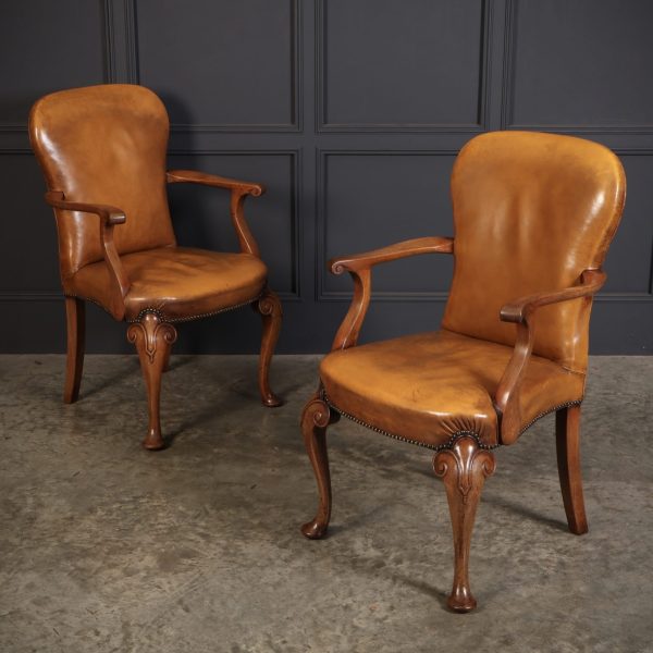 Pair of Queen Anne Style Walnut &amp; Leather Armchairs