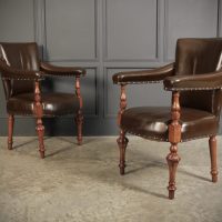 Pair of Victorian Mahogany &amp; Leather Library Armchairs