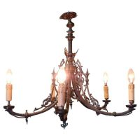 Gothic Gilded Brass 5 Branch Chandelier